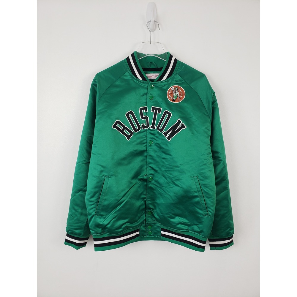 Boston Celtics Satin Varsity Jacket‎ Green Snap Front Mitchell & Ness Mens Large